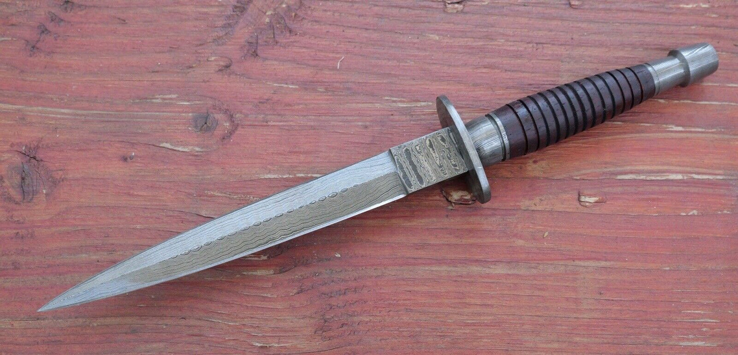 13” FS Commando Dagger Damascus Full Tang Double Edge Spear Point Leather Sheath