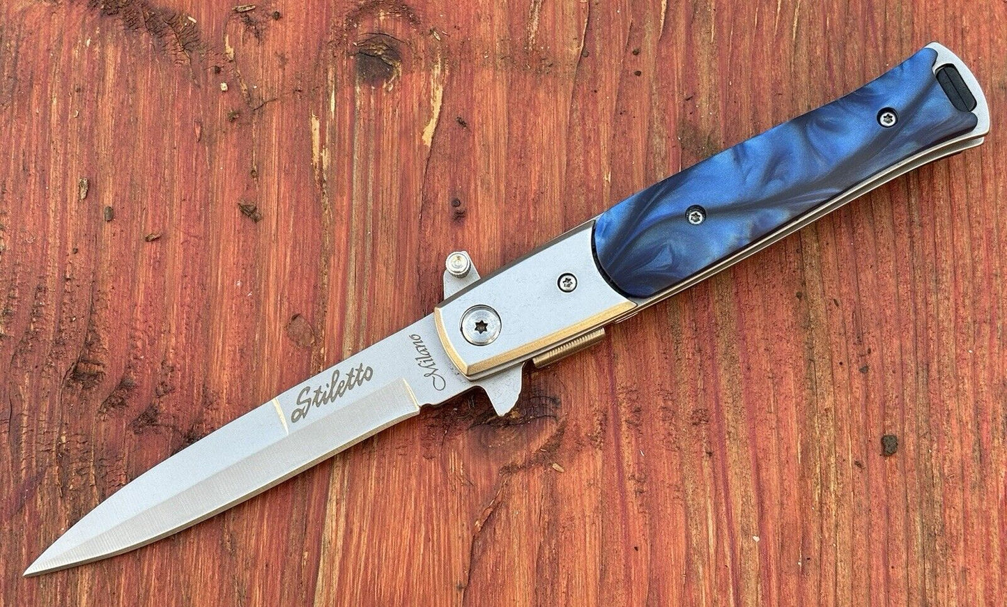 Pocket Knife Vintage Italian Design Deep Blue Handle Grey Assisted Deep Carry
