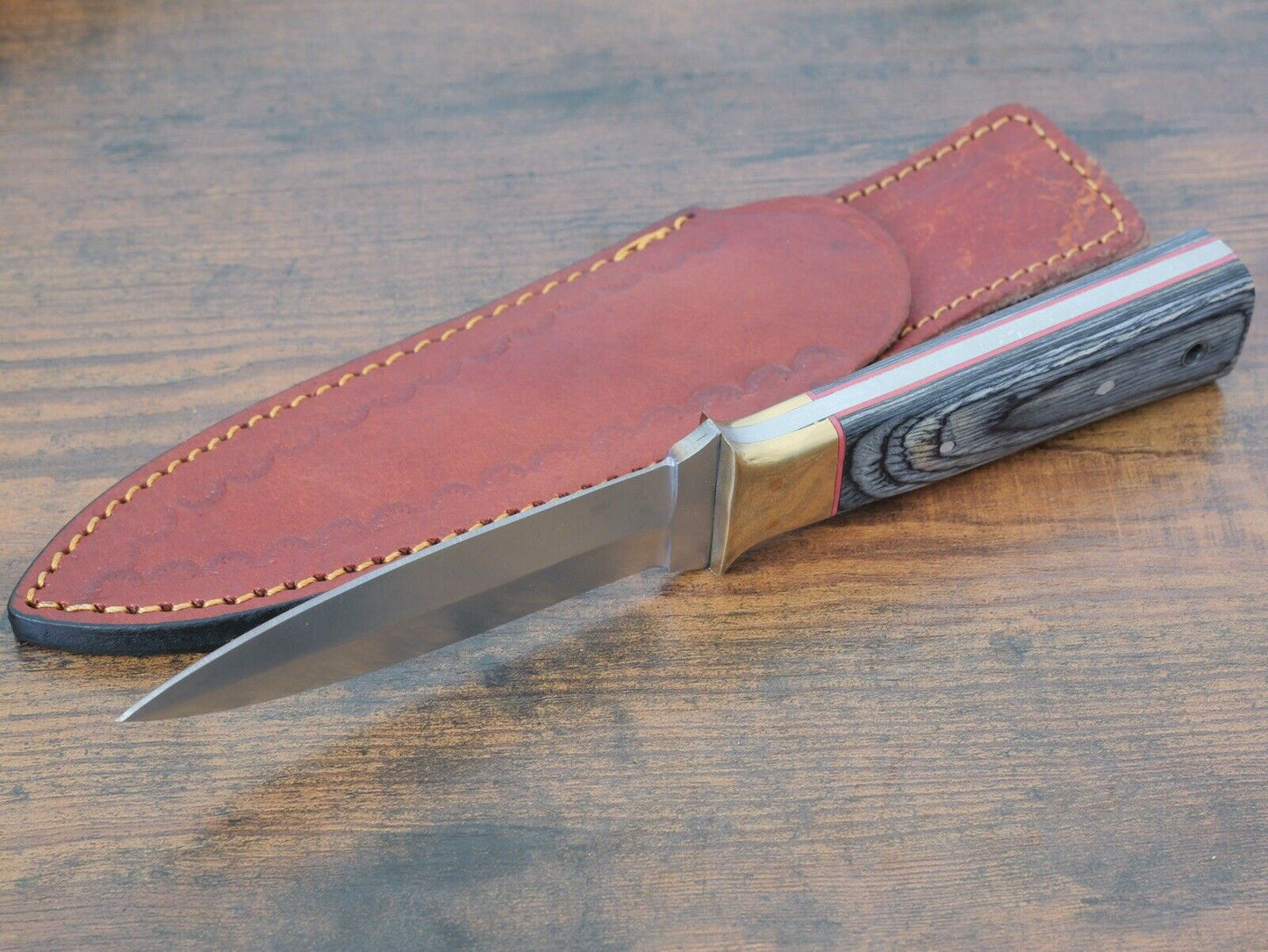 9” Boot Knife Heavy Duty Thick Gauge Blade Double Edge Spear Point Brass Wood