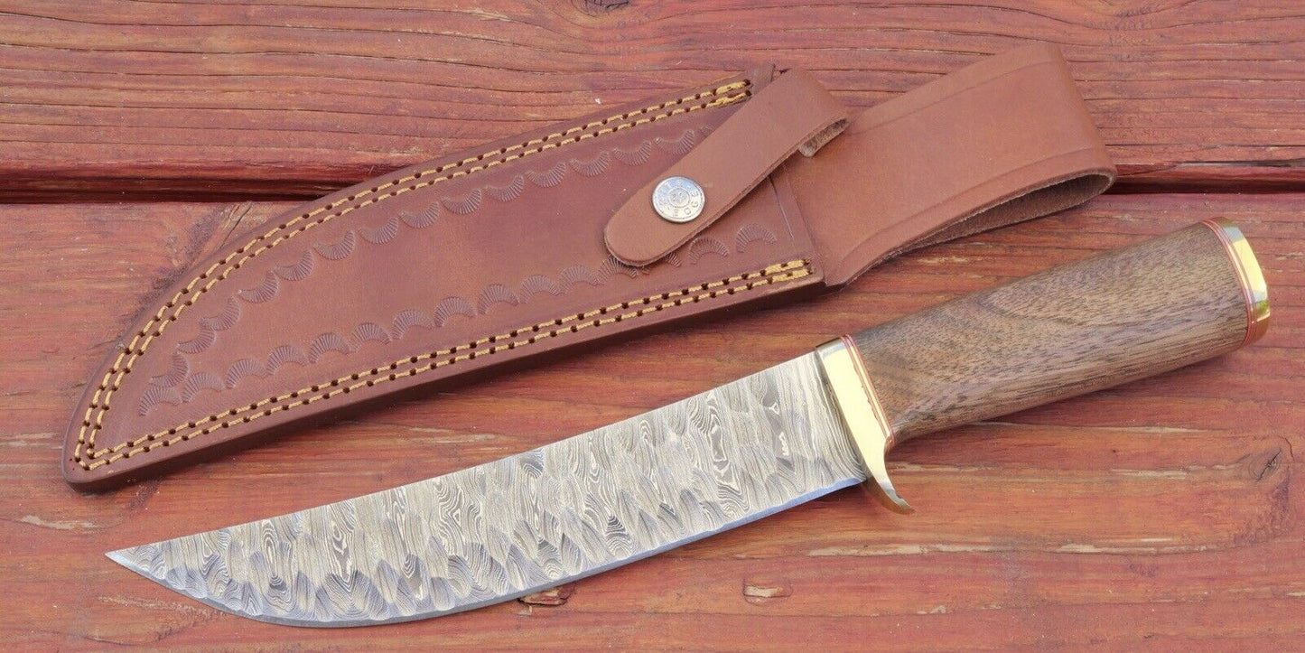13” Fixed Blade Knife Damascus Hammered Obsidian Blade Curved Hand Forged Sharp