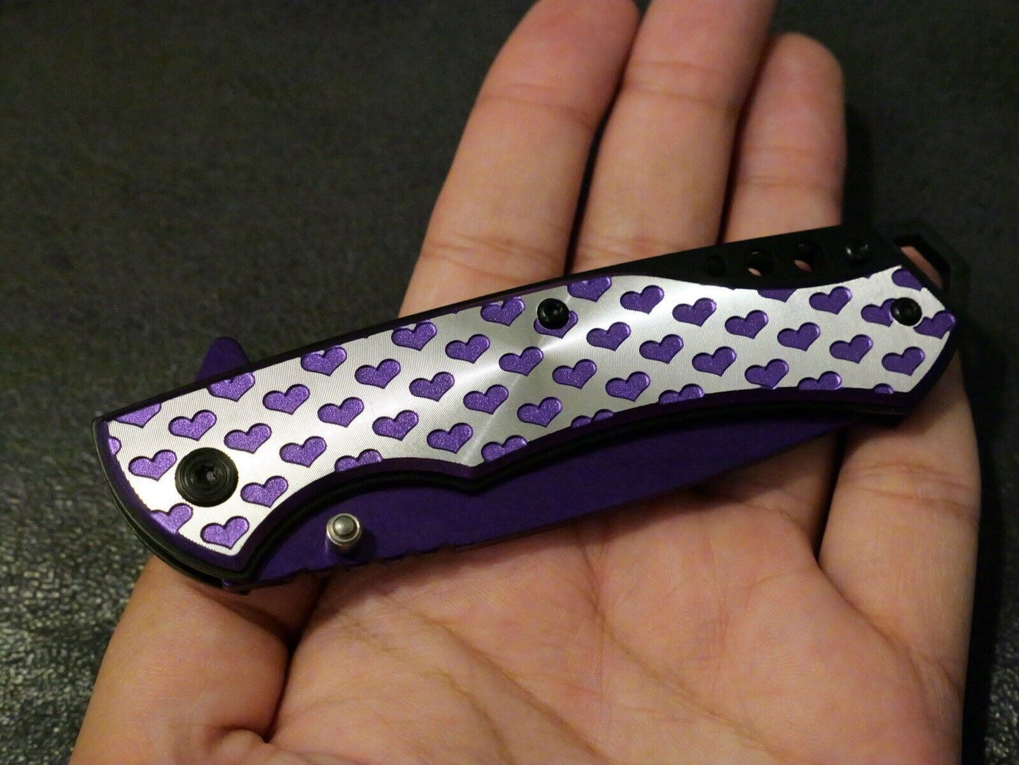 8” Heart Pocket Knife Purple Full Size Ladies Self Defense Girly Cute Assist