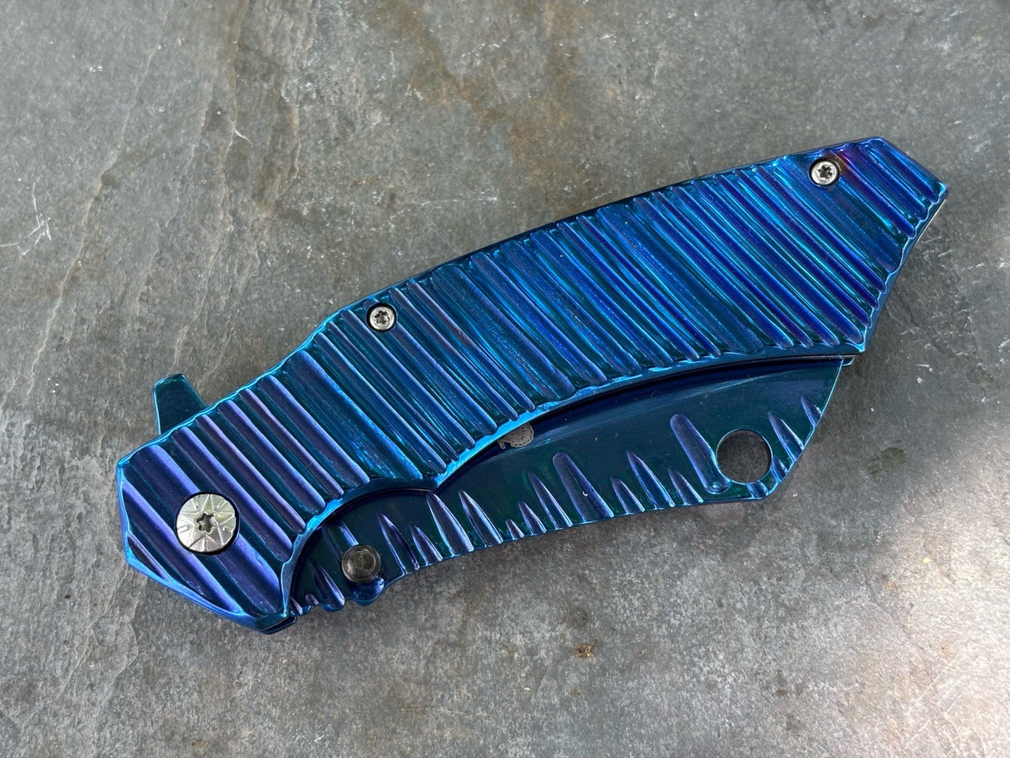 Cleaver Pocket Knife All Metal Blue Handle Spring Assist Frame Lock Heavy Duty