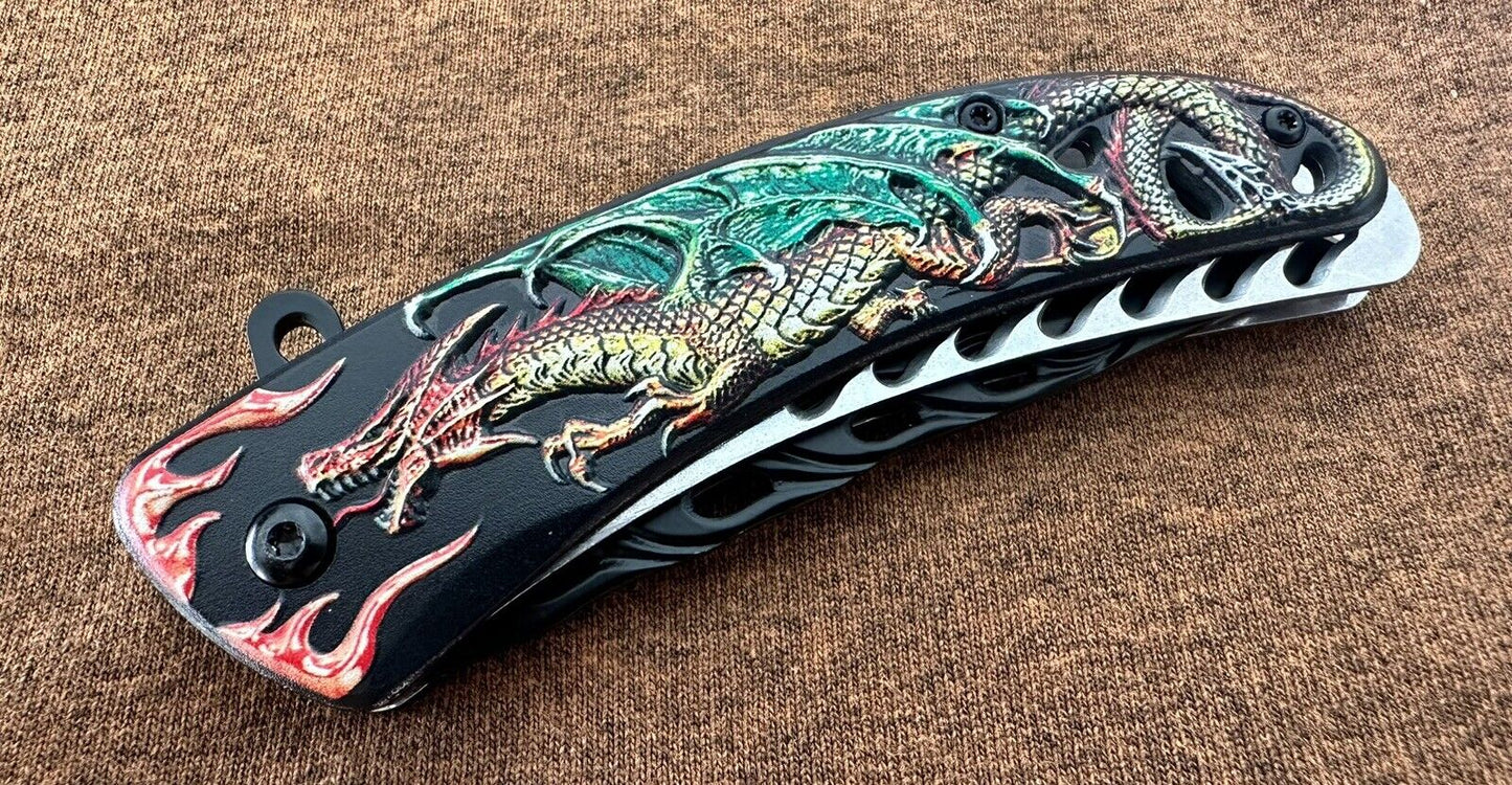Dragon Flame Folding Pocket Knife Spring Assist Pocket Clip 3.5” Blade Tactical