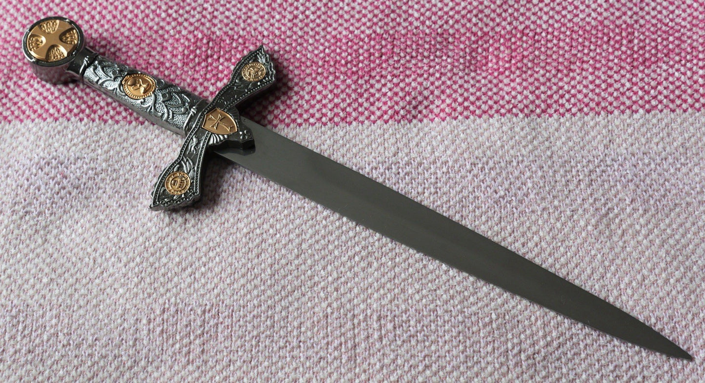 14” Knights Templar Dagger Ornate Gold Pewter Finish Stainless Steel Blade