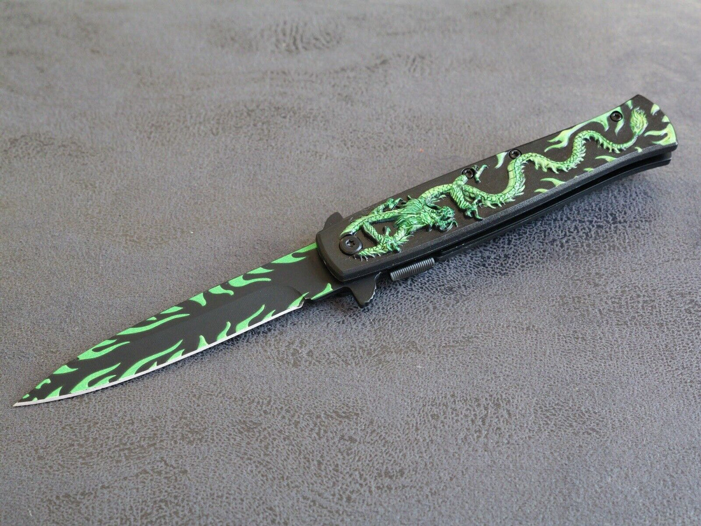 Green Oriental Dragon Pocket Knife Needle Point Sharp Belt Clip Full Size Black