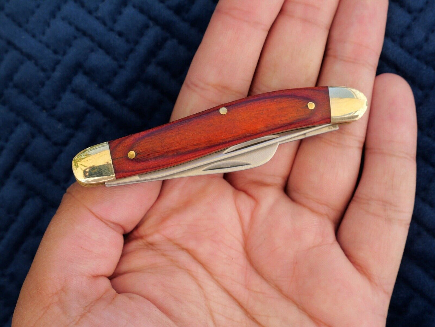 3.5” Stockman Knife Classic Folding Pocket Knife 3 Blades Sharp Wood Brass