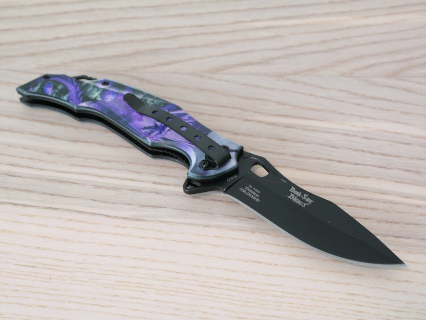 Purple Dragon Spring Assist Pocket Knife Full Metal Black Belt Clip Art Large