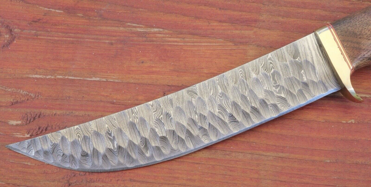 13” Fixed Blade Knife Damascus Hammered Obsidian Blade Curved Hand Forged Sharp