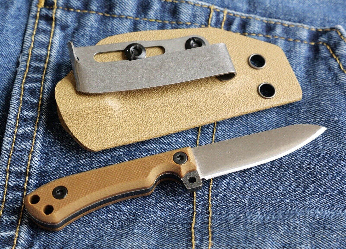 12cm Fixed Blade Knife Kydex Sheath Full Tang Back Pocket Clip Horizontal Carry