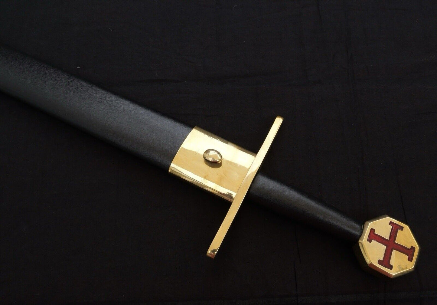 31” Knights Templar Sword Brass Ornate Leather Wrap Sheath Full Tang Double Edge