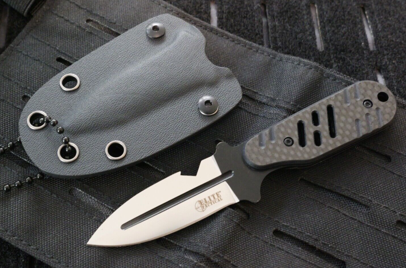 Tactical Neck Knife D2 Steel Black Carbon Fiber Handle Kydex Sheath Full Tang 8"