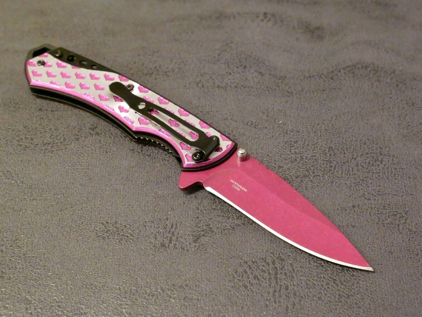 8” Heart Pocket Knife Pink Full Size Ladies Self Defense Girly Cute