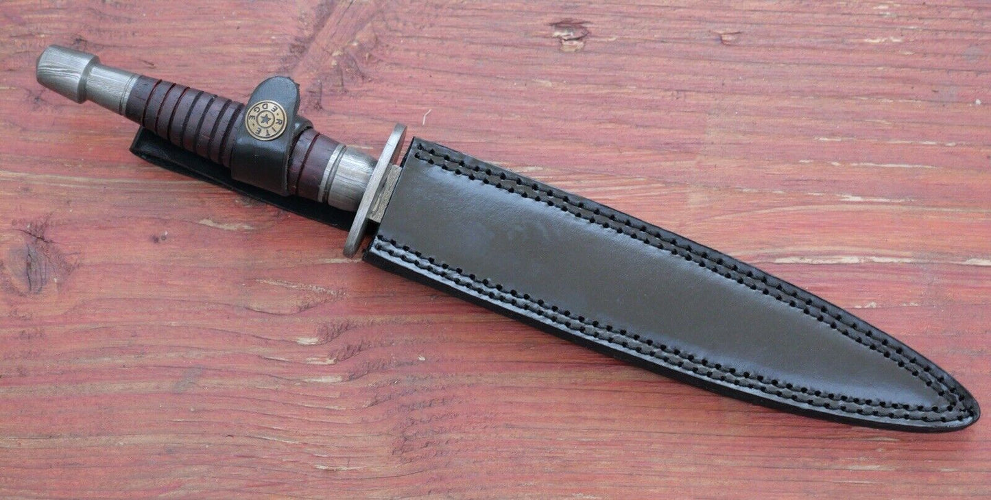 13” FS Commando Dagger Damascus Full Tang Double Edge Spear Point Leather Sheath