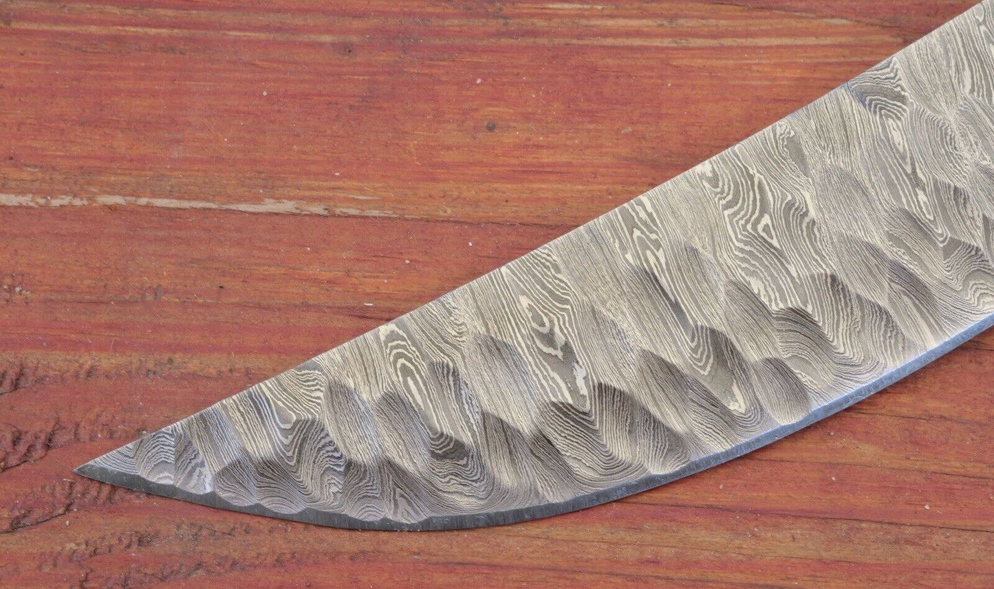 13” Fixed Blade Knife Damascus Hammered Obsidian Blade Curved Hand Forged Sharp