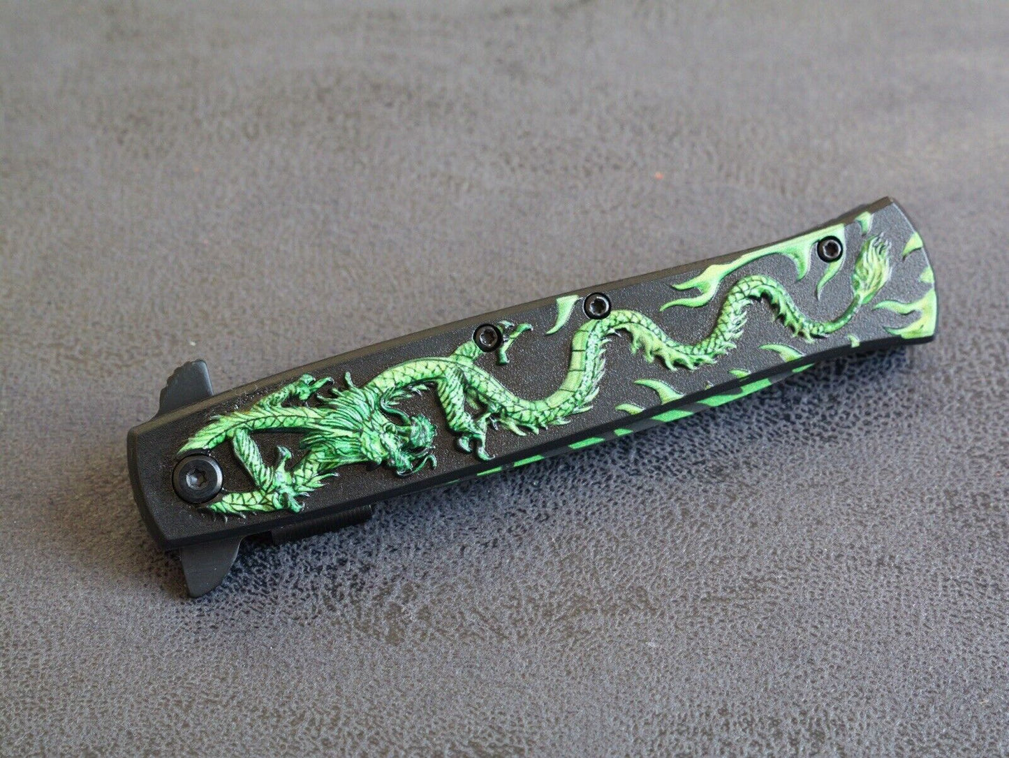 Green Oriental Dragon Pocket Knife Needle Point Sharp Belt Clip Full Size Black