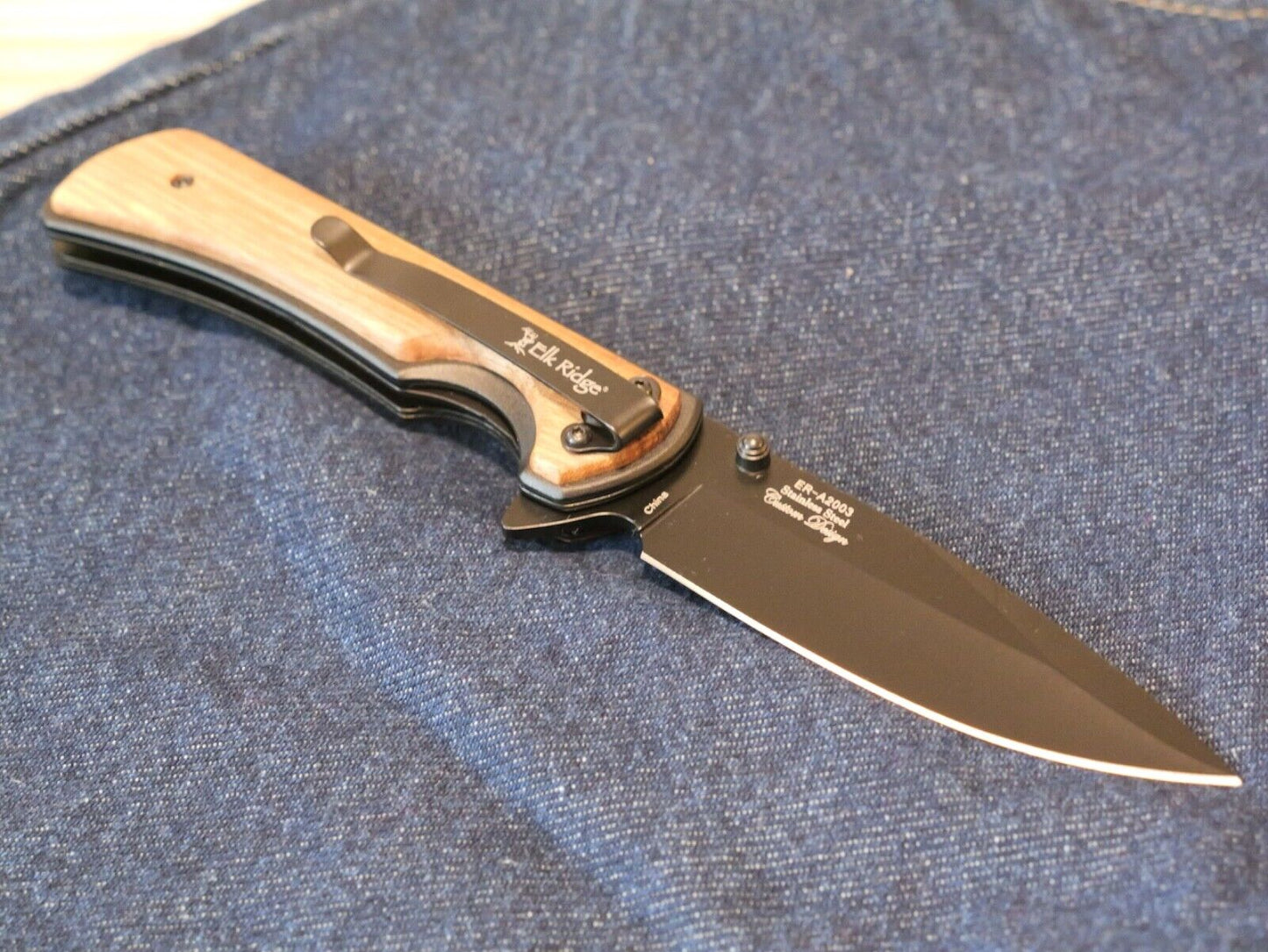 Black Pocket Knife Wood Handle Spring Assist Modern Elk Ridge Sharp New Design