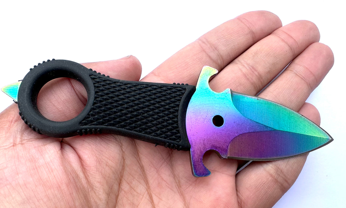 Tattva Tactical Kunai Neck Knife Rubber Handle Glass Breaker Hard Sheath 2.25" Spear Point Blade Rainbow Colour 5.5" Overall Length