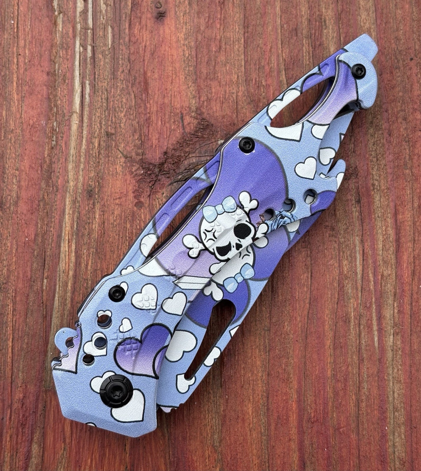 Purple Manga Pocket Knife Kuwaii Skull Heart Spring Assist Bottle Opener Cute