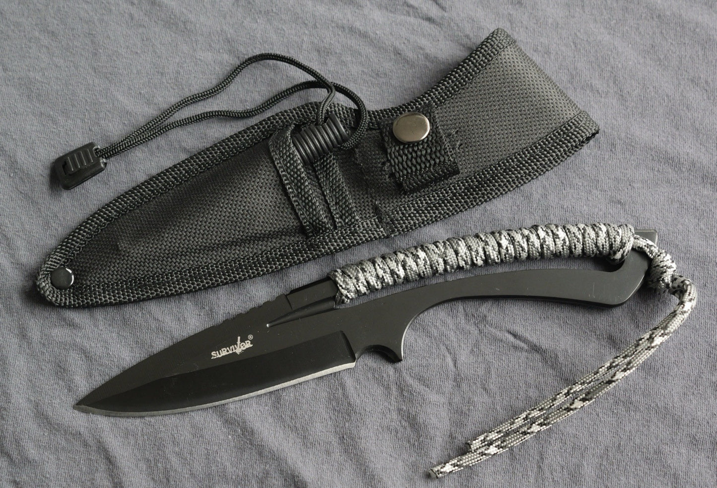 9” Fixed Blade Knife Full Tang Skeleton Stealth Black Fire Starter Survival Edc