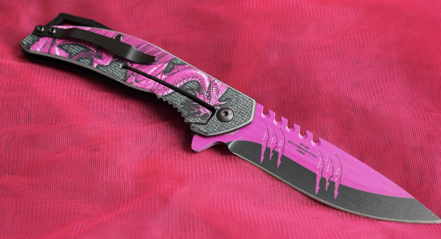 Pink Dragon Pocket Knife Full Size Ladies Self Defense Spring Assist Sharp Cute