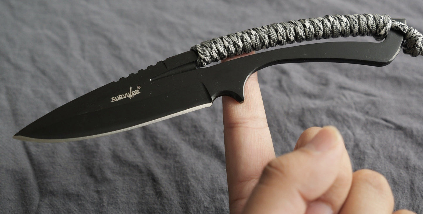 9” Fixed Blade Knife Full Tang Skeleton Stealth Black Fire Starter Survival Edc