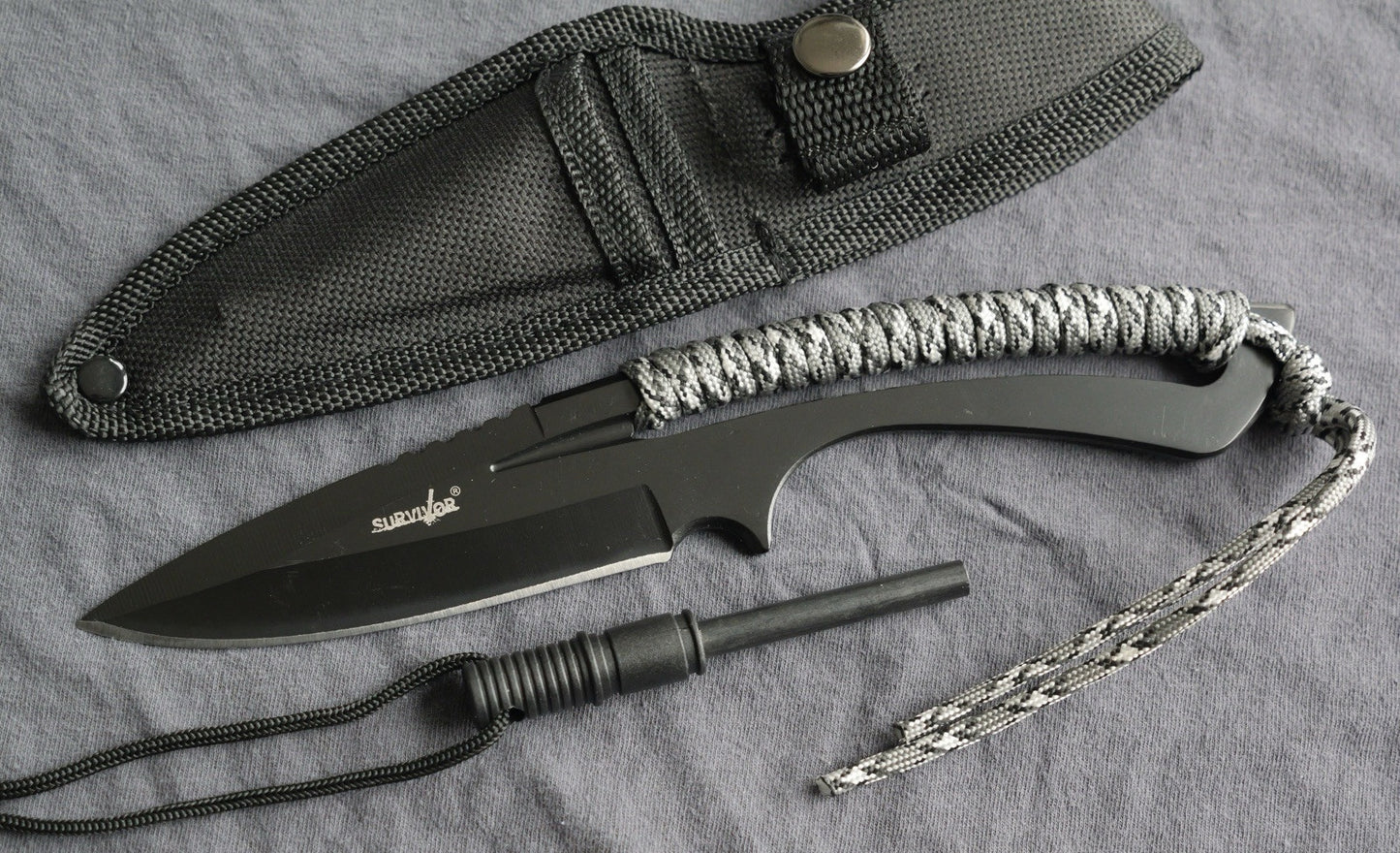 9” Fixed Blade Knife Full Tang Skeleton Stealth Black Fire Starter Survival Edc