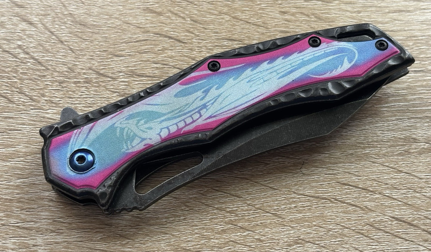 Pink Dragon Knife Spring Assist Full Size All Metal Custom Blue Pocket Clip Edc