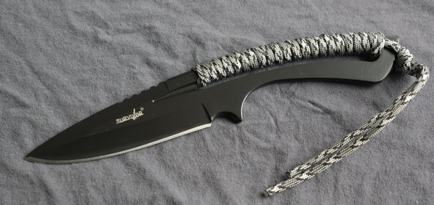 9” Fixed Blade Knife Full Tang Skeleton Stealth Black Fire Starter Survival Edc