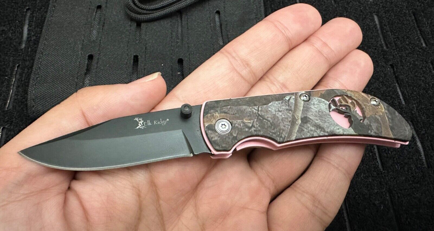 Pink Pocket Knife Camo Small Belt Clip Folding Manual Elk Ridge 5.5" Overall