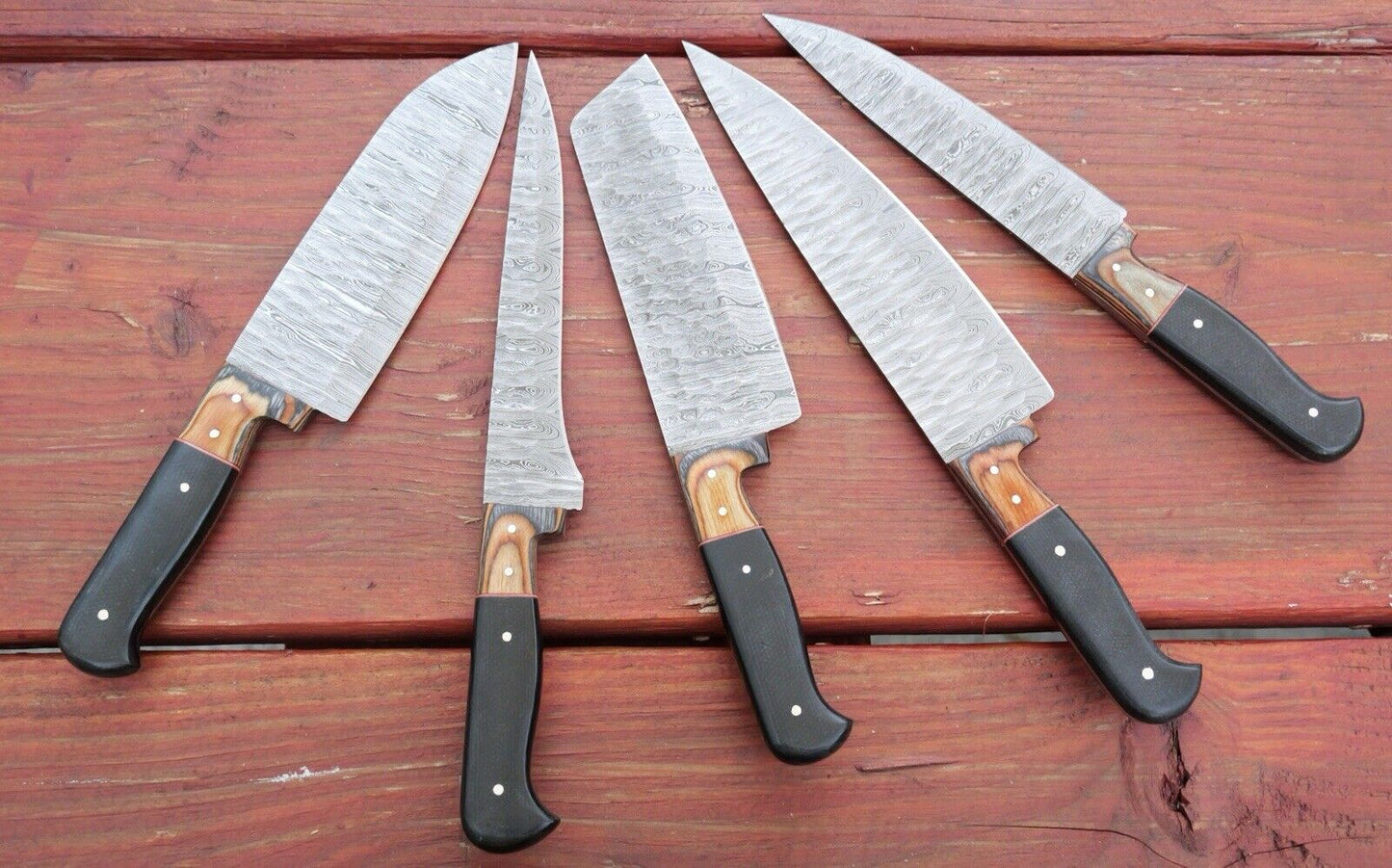 Chef Knife Roll Set Hammered Damascus Blade 12” 5pc Set Leather Sheath Cleaver
