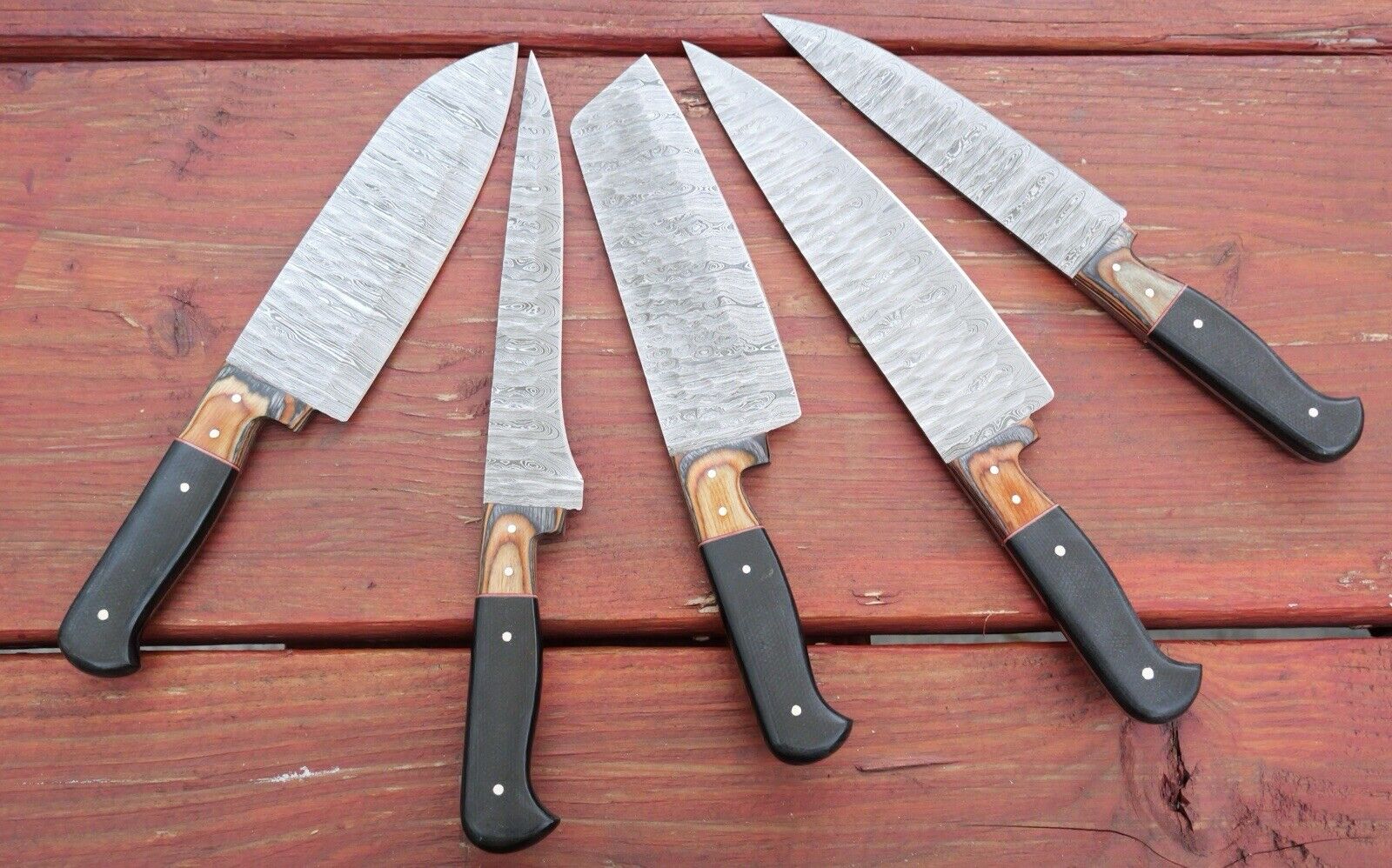 Chef Knife Roll Set Hammered Damascus Blade 12” 5pc Set Leather Sheath Cleaver