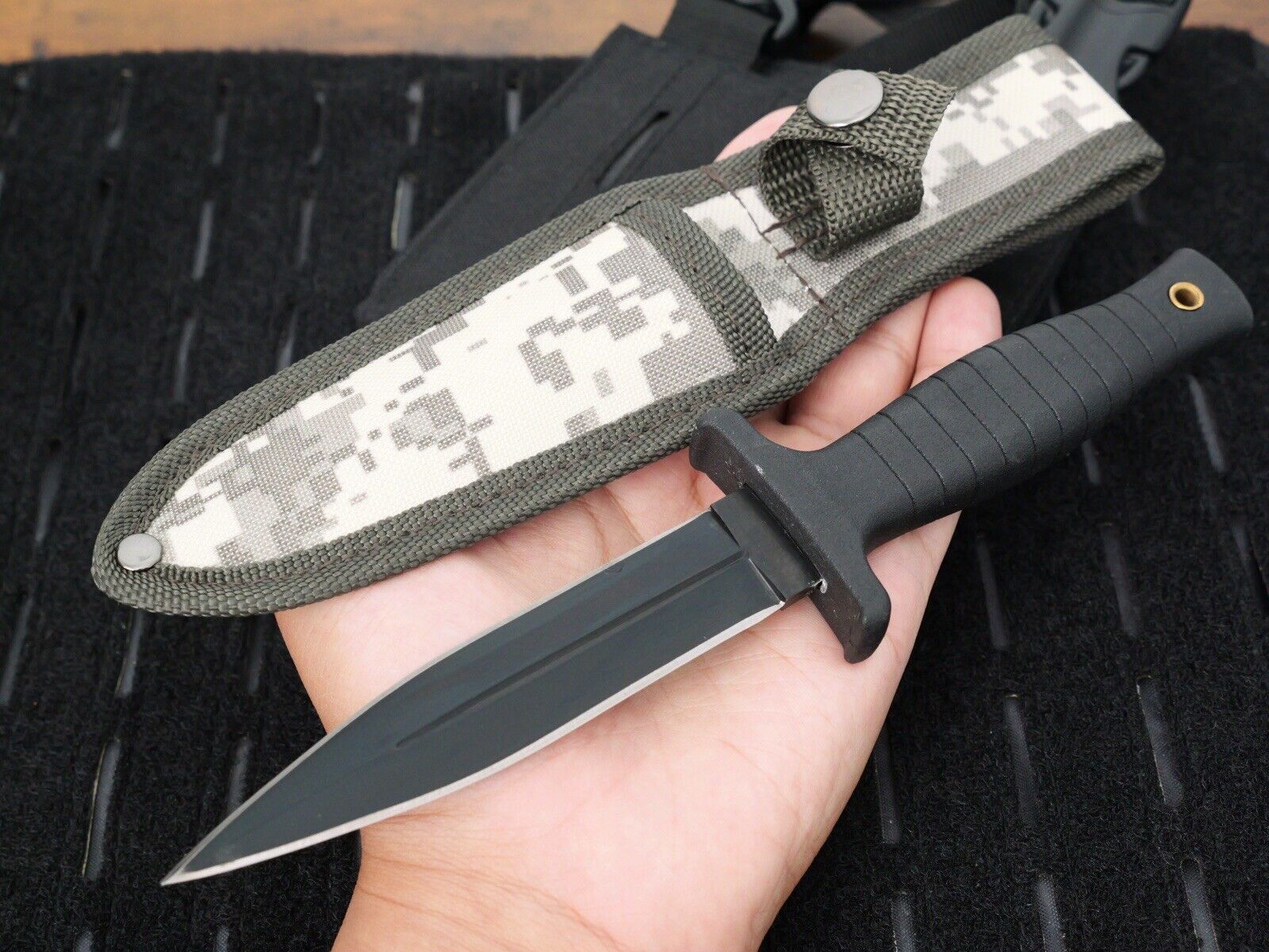 9” Boot Knife Double Edge Spear Point Full Tang Rubber Handle Boot Clip Camo