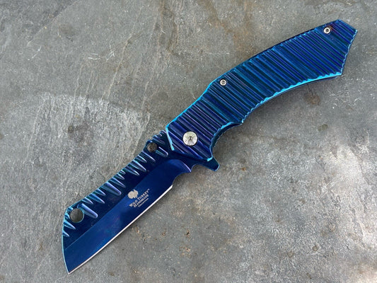 Cleaver Pocket Knife All Metal Blue Handle Spring Assist Frame Lock Heavy Duty