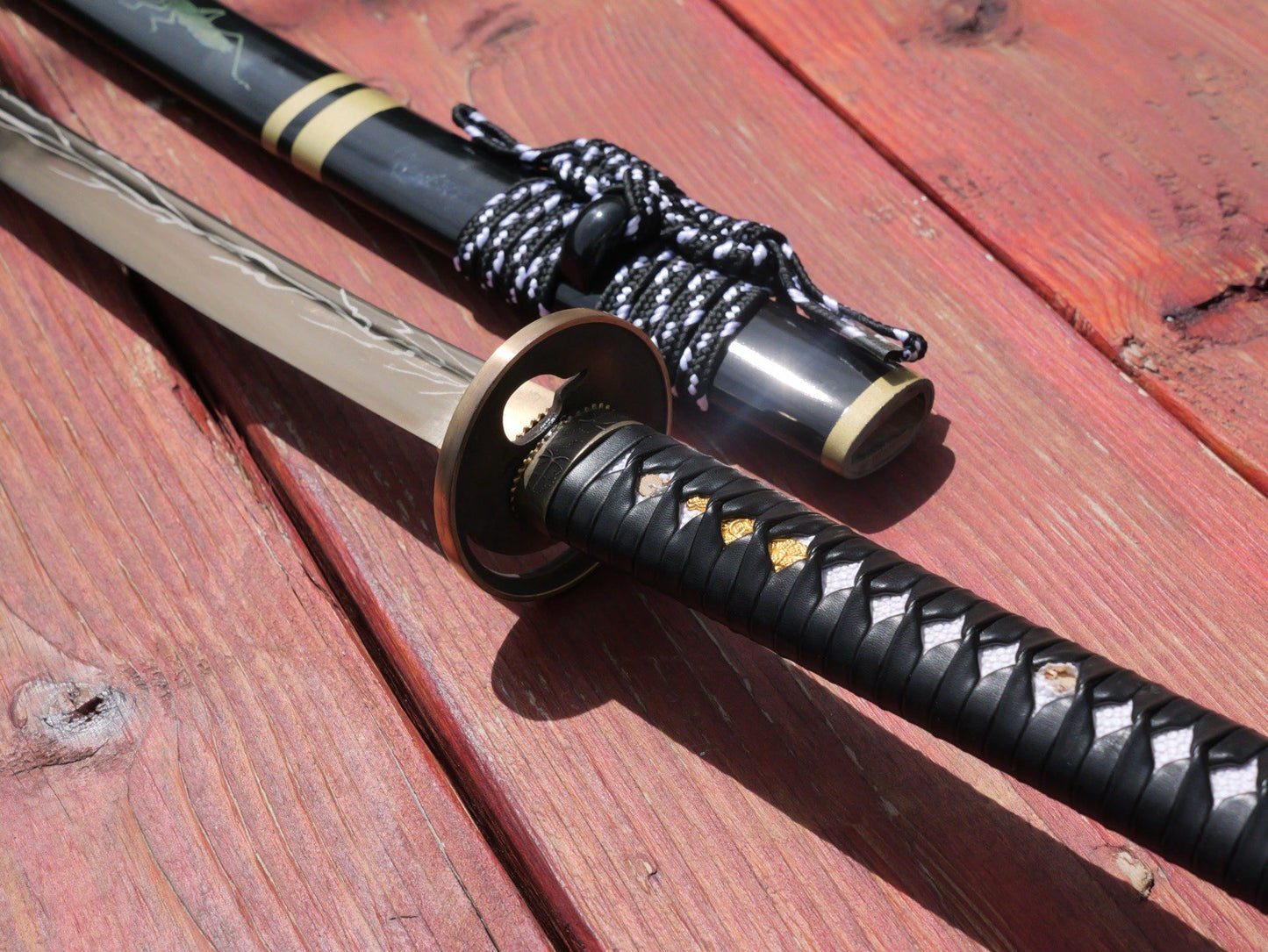 41" GRASSHOPPER SAMURAI Gold Blade Battle Ready Sharp Wood Scabbard Ornate Hilt