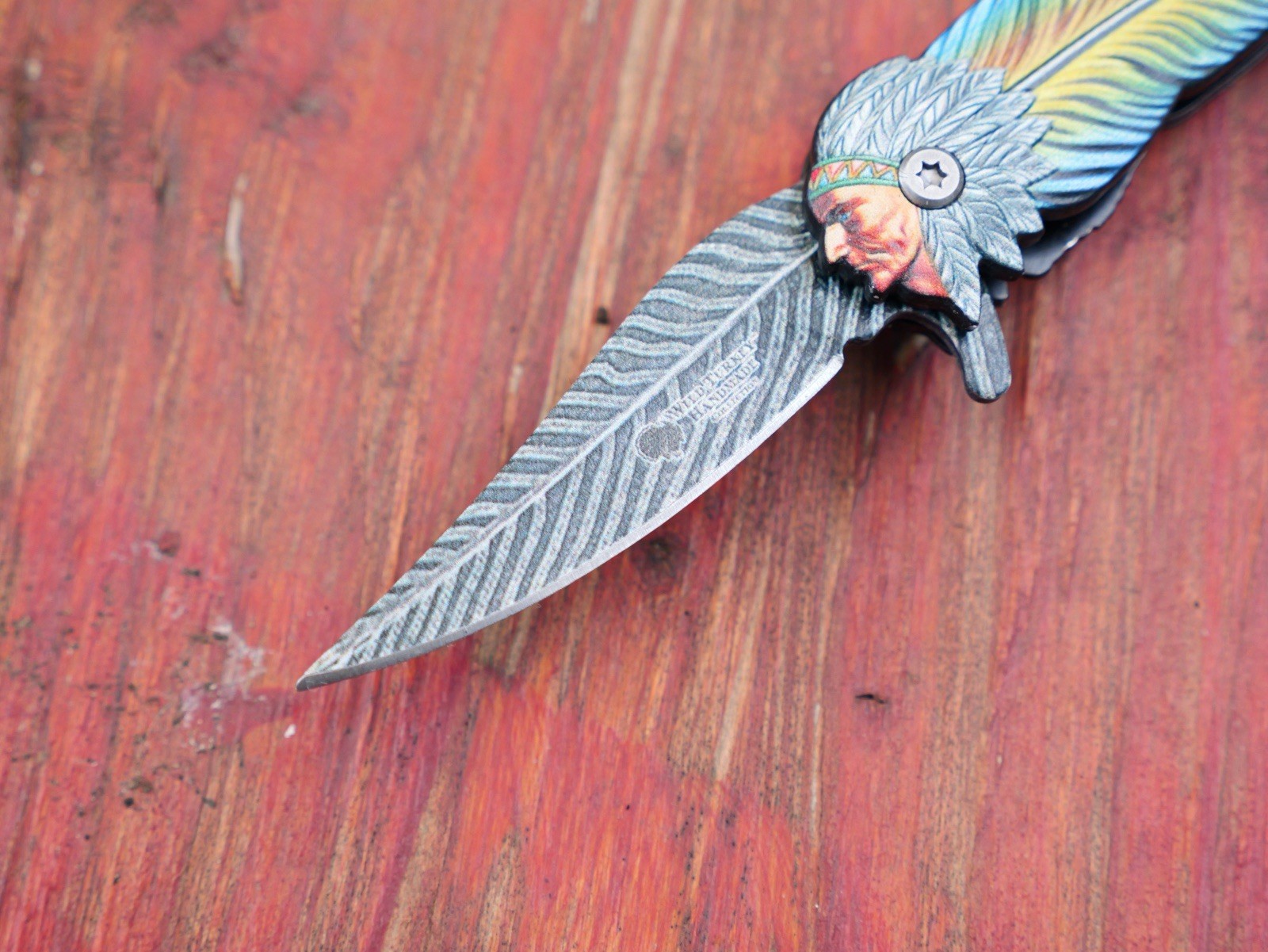 Mini Pocket Knife Native American Indian Feather Spring Assist 