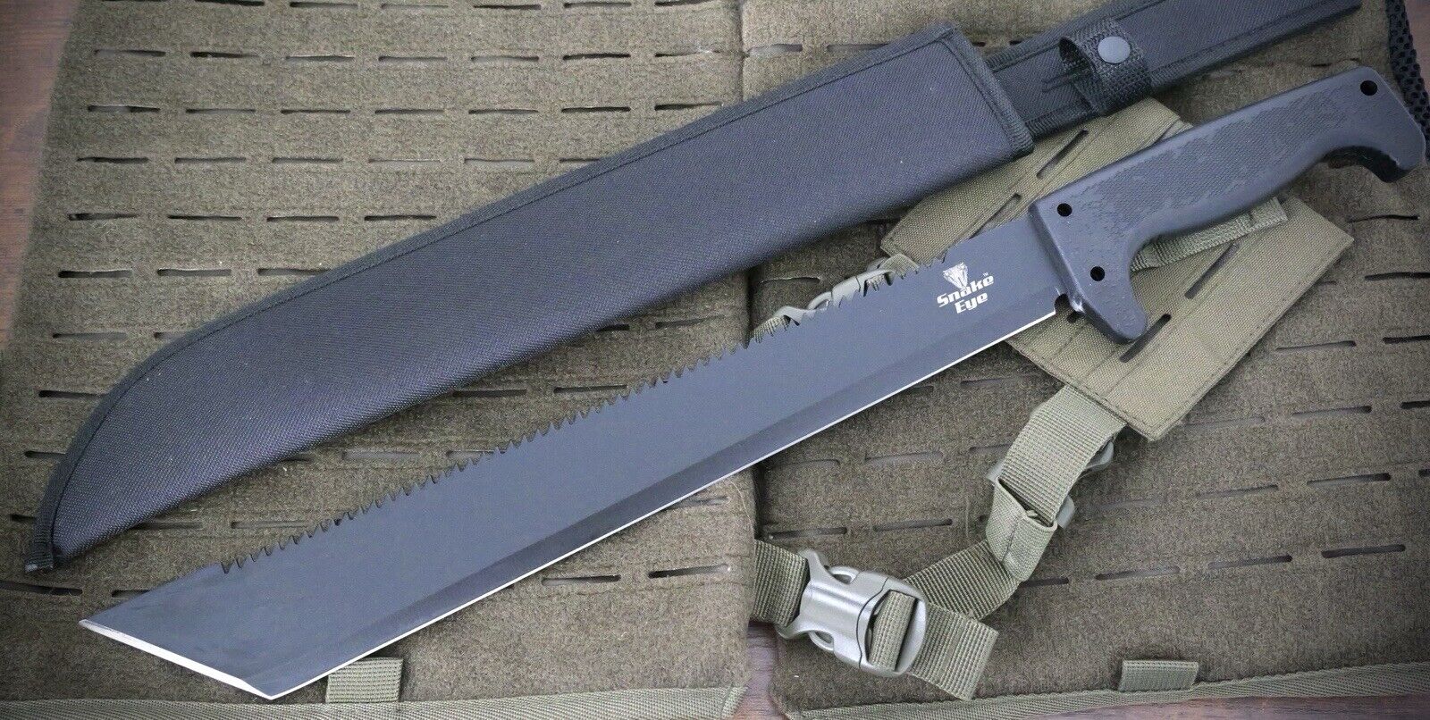 21” Machete Black Tanto Sawback Full Tang Stealth Sheath Belt Loop Heavy Duty