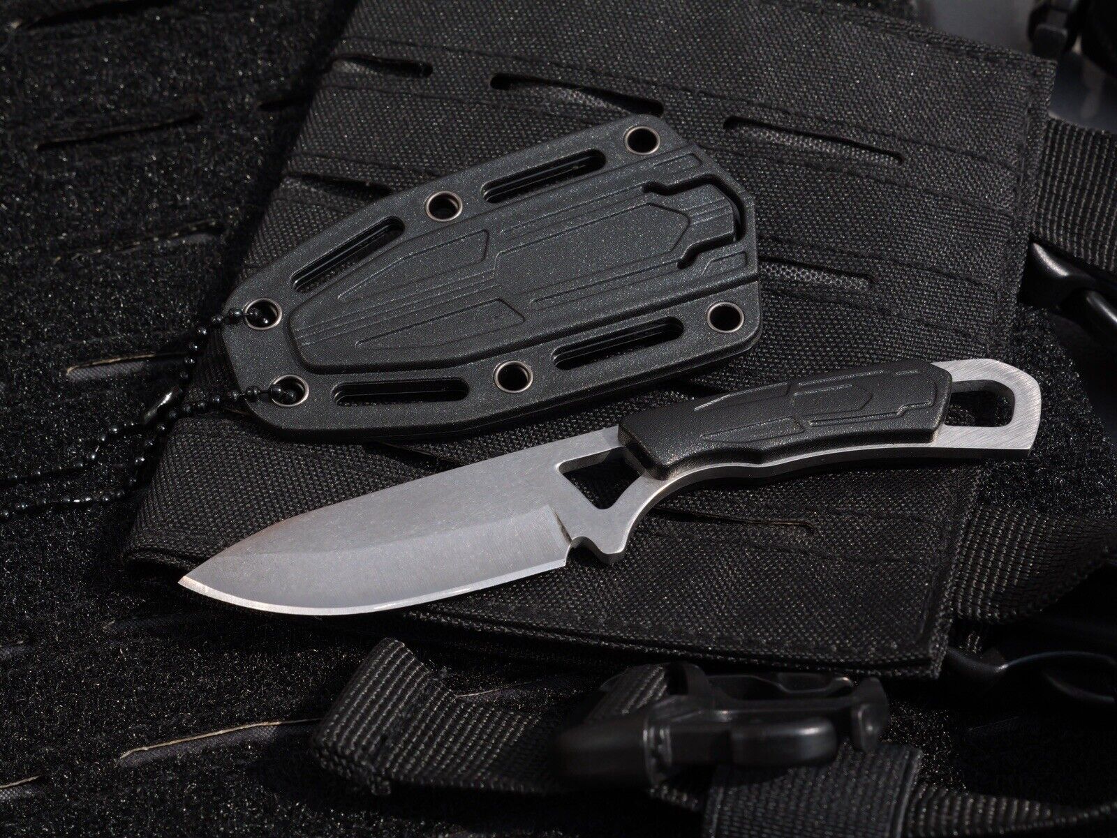 6” Neck Knife Black Drop Point Full Tang Shadow Ops Stealth Secure Hard Sheath