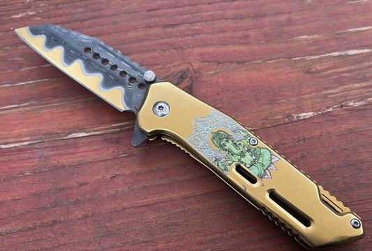 Gold Ganesh Pocket Knife Wild Design All Metal Sharp Wharncliffe Blade Damascus 