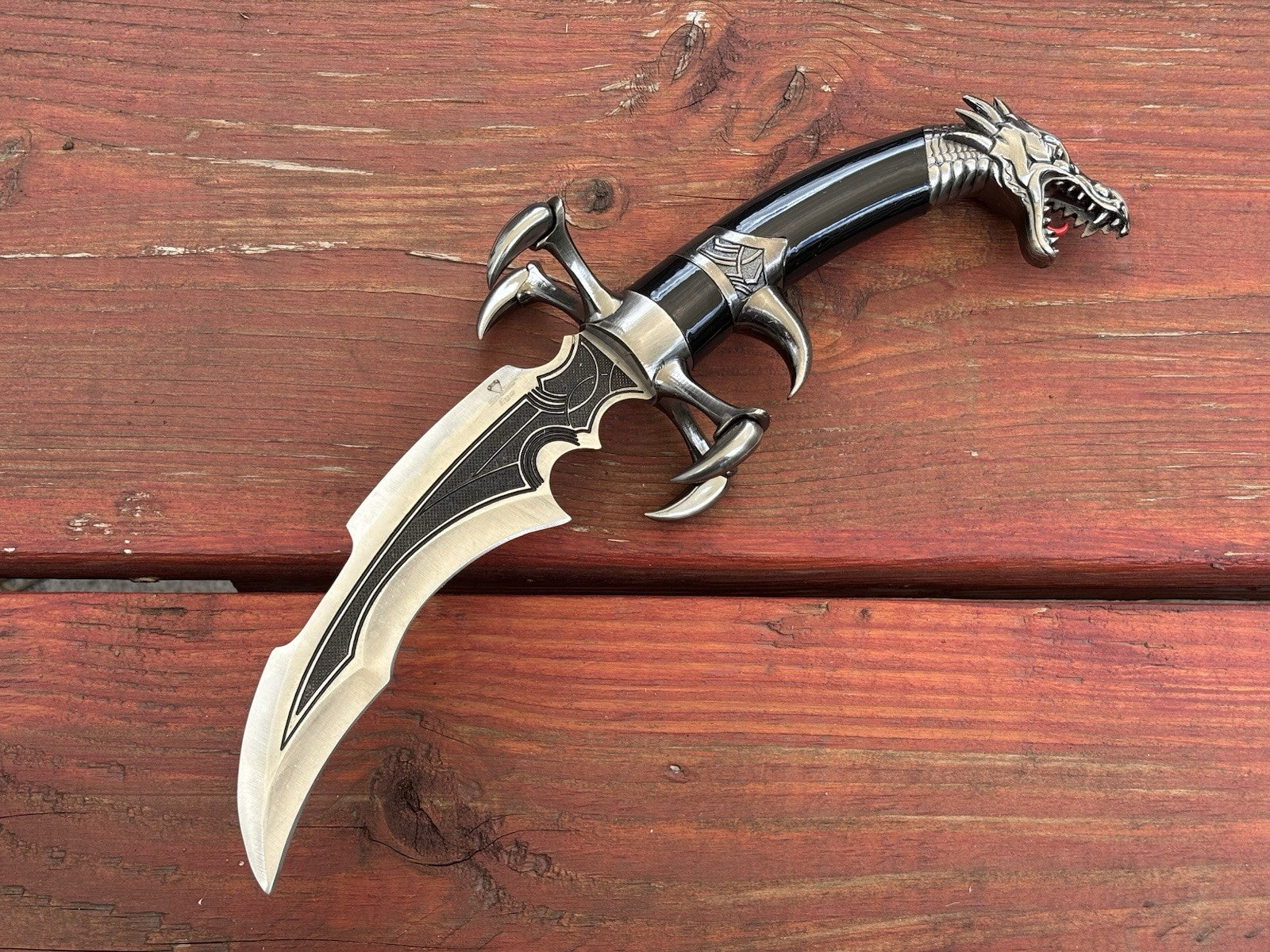 FANTASY SILVER DRAGON CLAW DAGGER Wood Stand 14” Overall