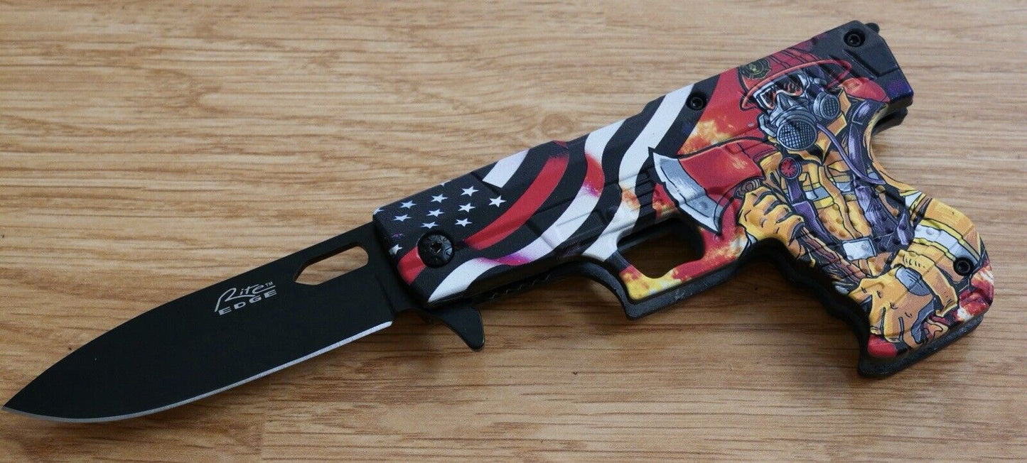 Folding Pocket Knife Pistol Design USA Fireman Fire Fighter 3” Blade Sharp Hero