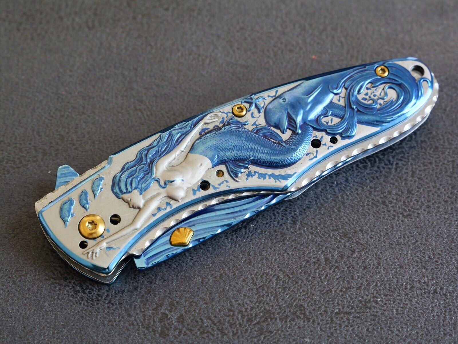 Mermaid Dolphin Seashell Pocket Knife Ocean Blue Gold Full Size All Metal Assist