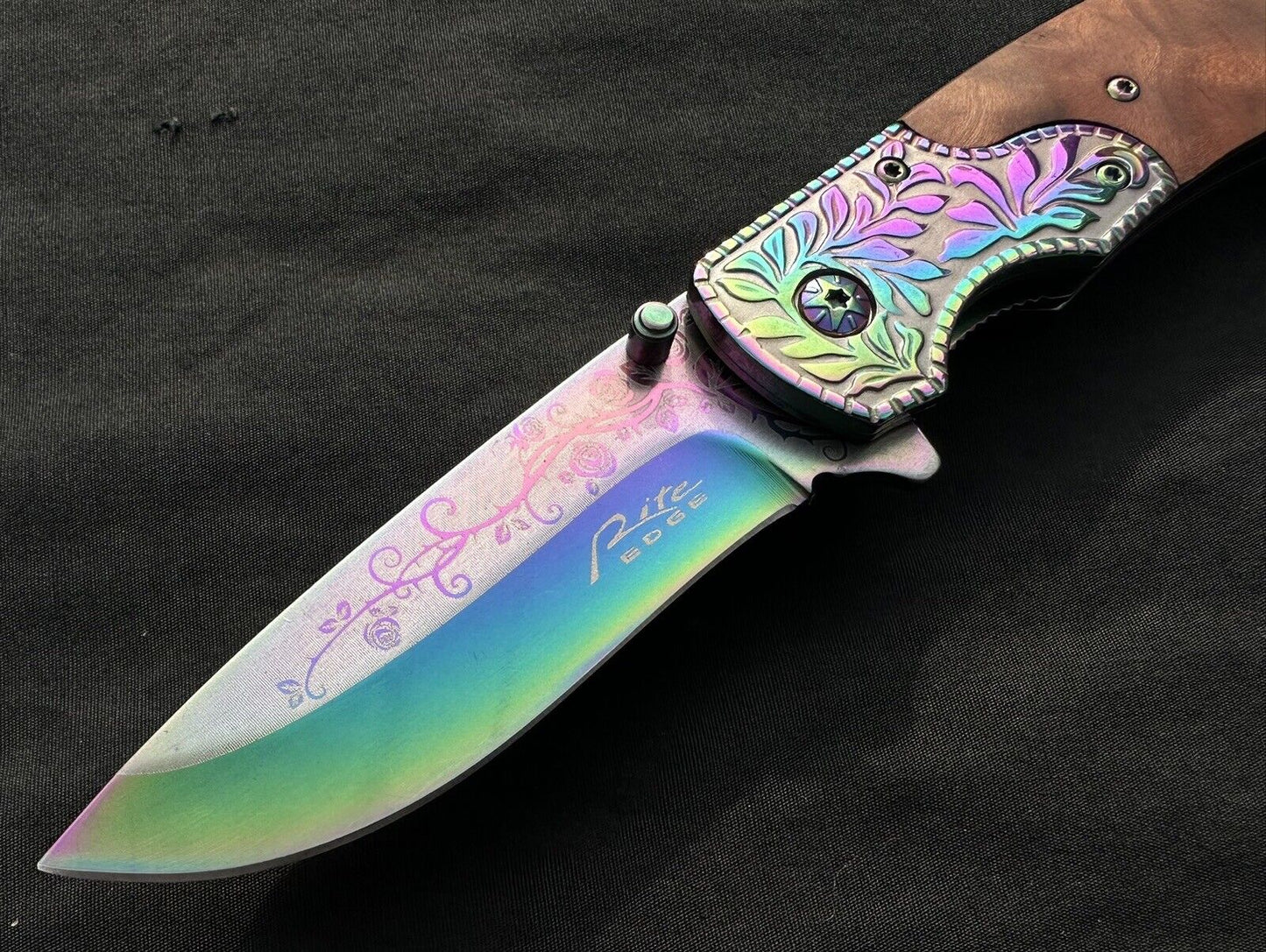 Folding Pocket Knife Rainbow Burlwood Handle Rose Engraved Design Full Size 🌹