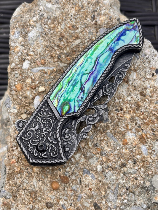 Spring Assist Pocket Knife Black Stonewashed Frame Lock Intricate Engraved Metal