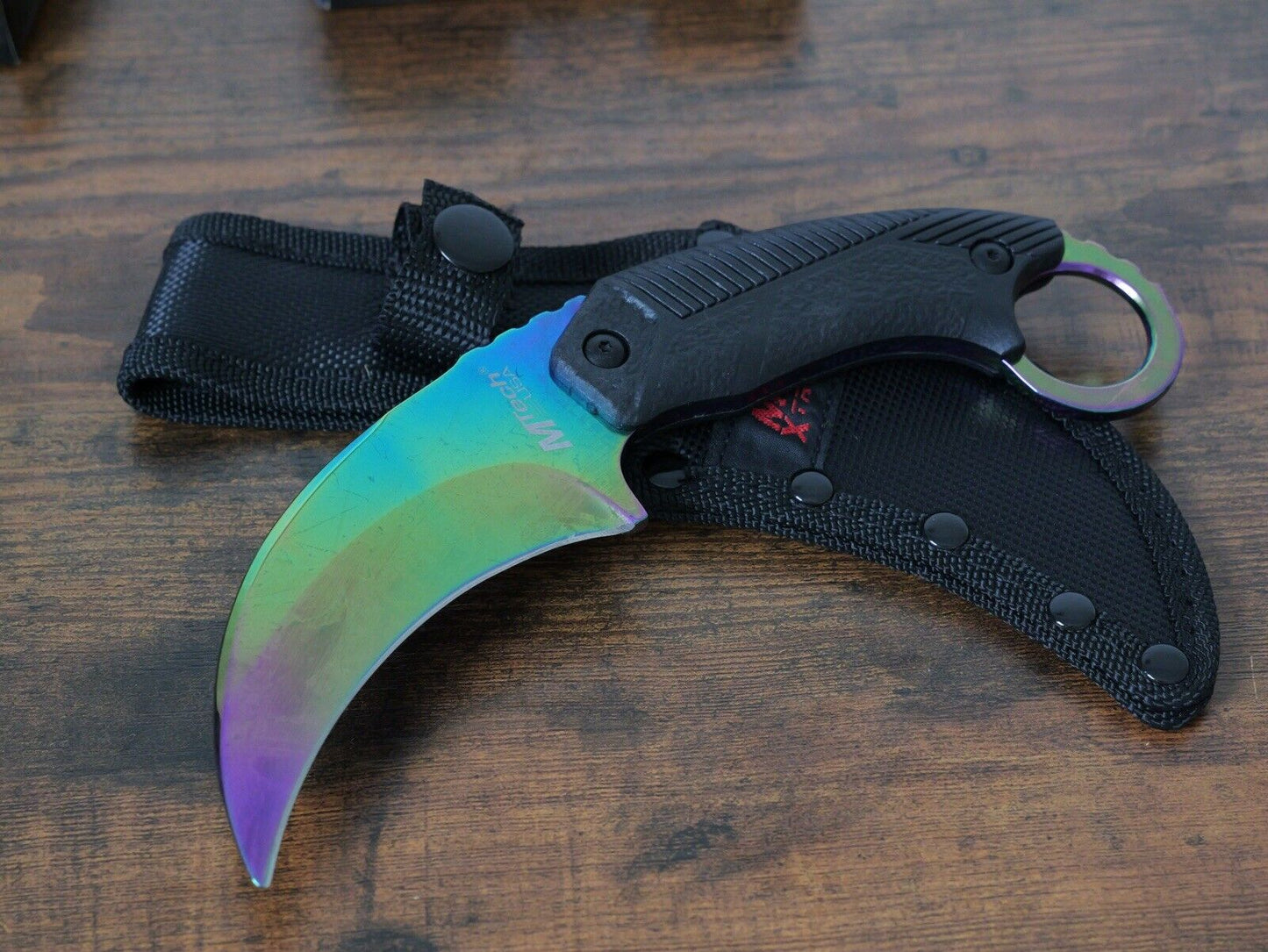 8” Fixed Blade Knife Karambit Full Tang Rainbow Rubber Scales Nylon Sheath