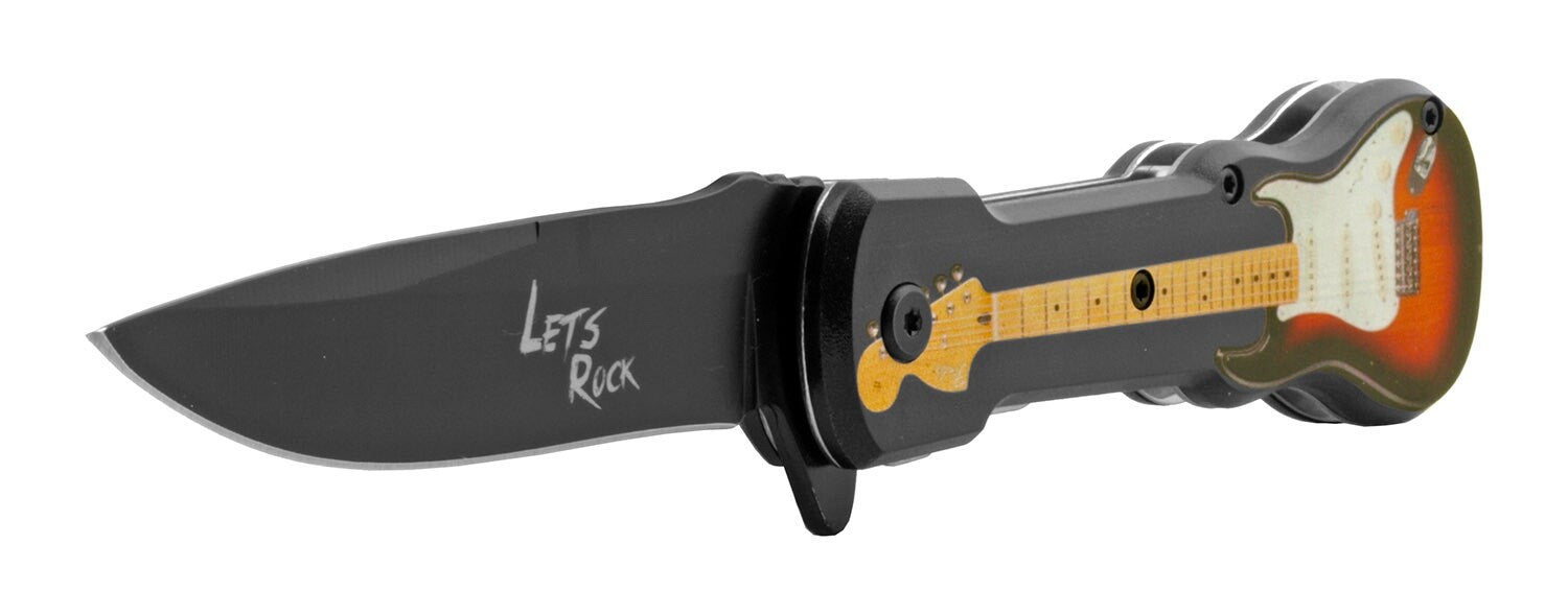 Full Size Electric Guitar Style Spring Assist Metal Pocket Knife Rockstar
