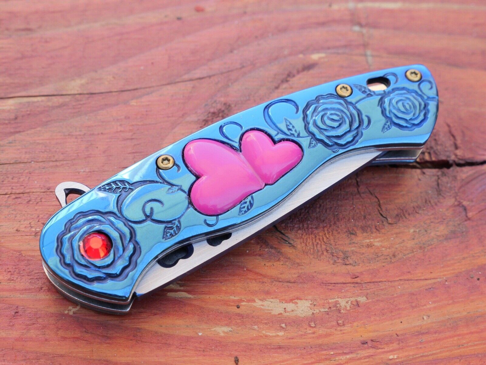 Love Pocket Knife Hearts 💕 Blue Knife Small Folding Girly Chick Sharp Pink 4”