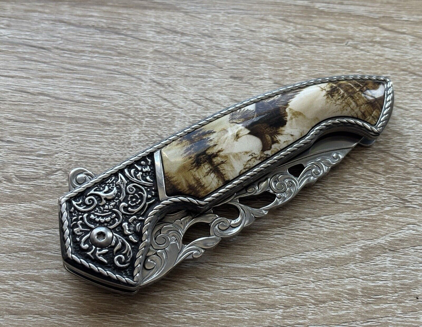 USA Eagle Wildlife Gift Box Knife Stainless Steel Engraved Ornate Ivory Handle