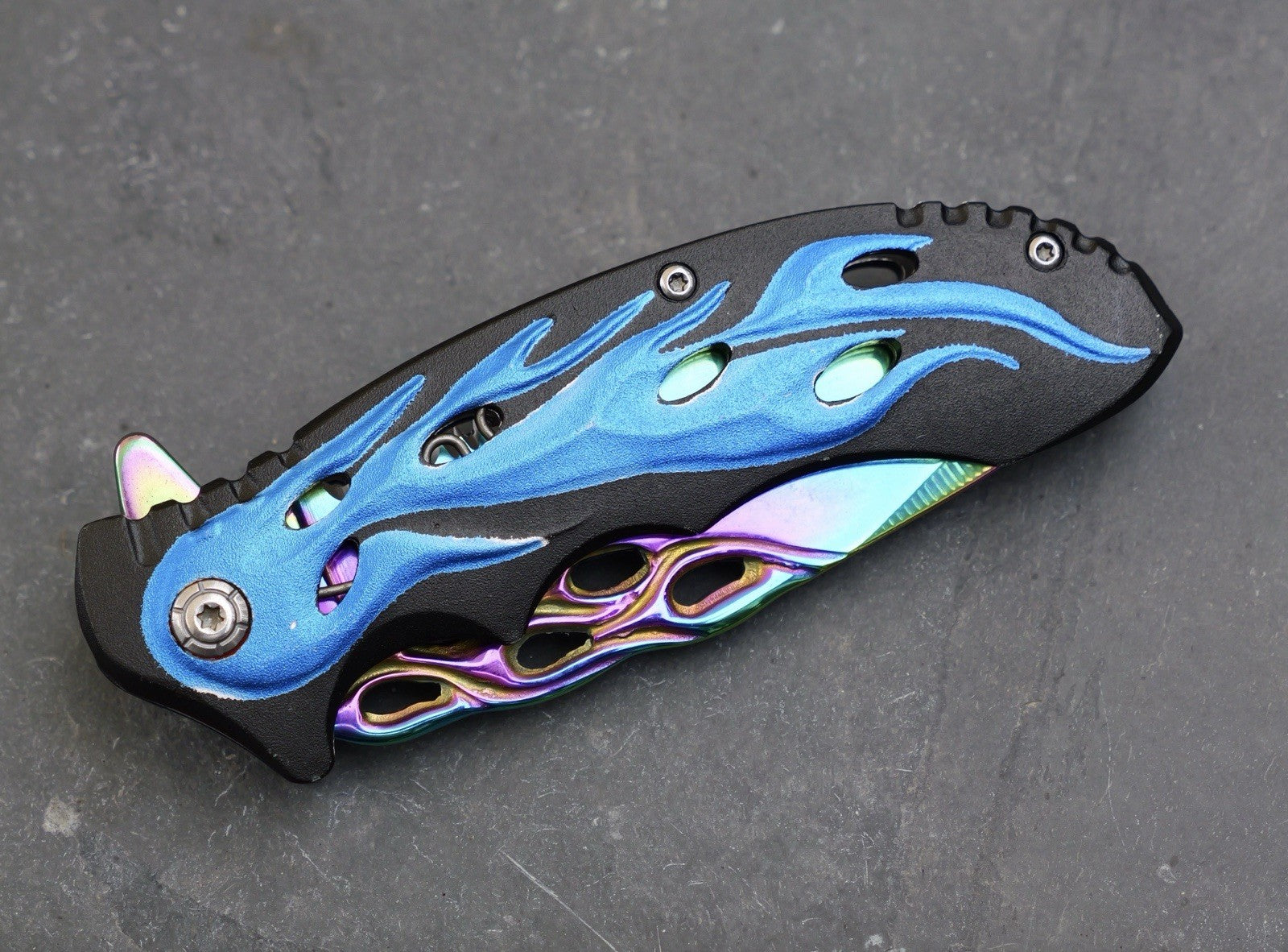 Blue Flame Pocket Knife Spring Assist Titanium Blade Serrated Sharp