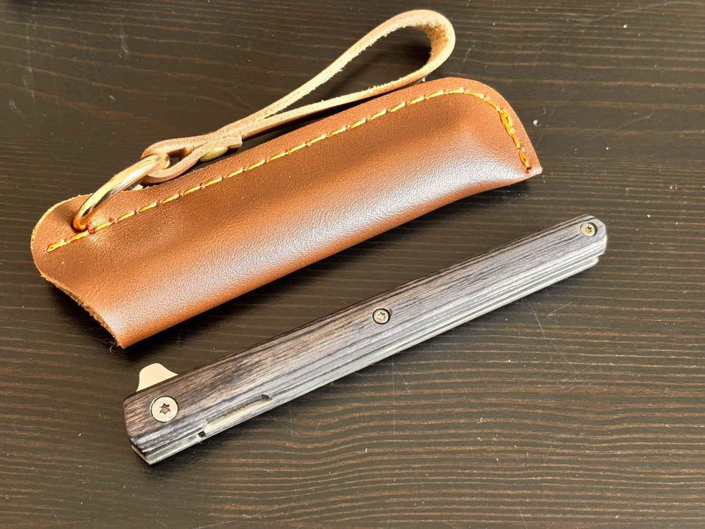 Slim Pocket Knife Folding Wood Handle Razor Sharp M390 Steel CEO Leather Sheath
