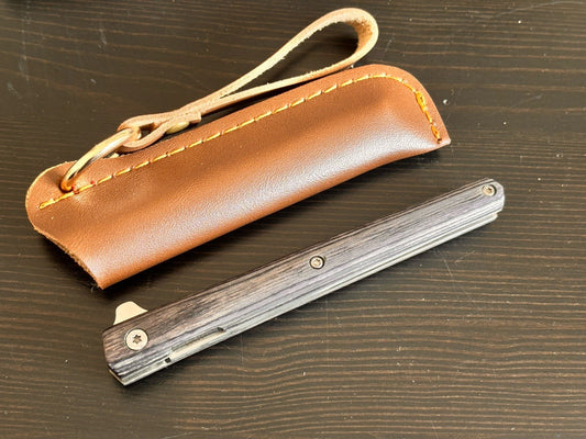 Slim Pocket Knife Folding Wood Handle Razor Sharp M390 Steel CEO Leather Sheath